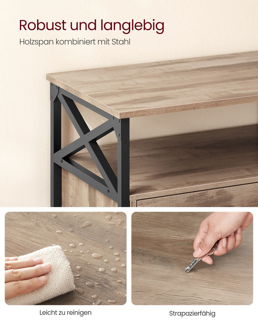 TV-Schrank 120 cm lang mit 2 Schubladen und 2 offenen Fächern