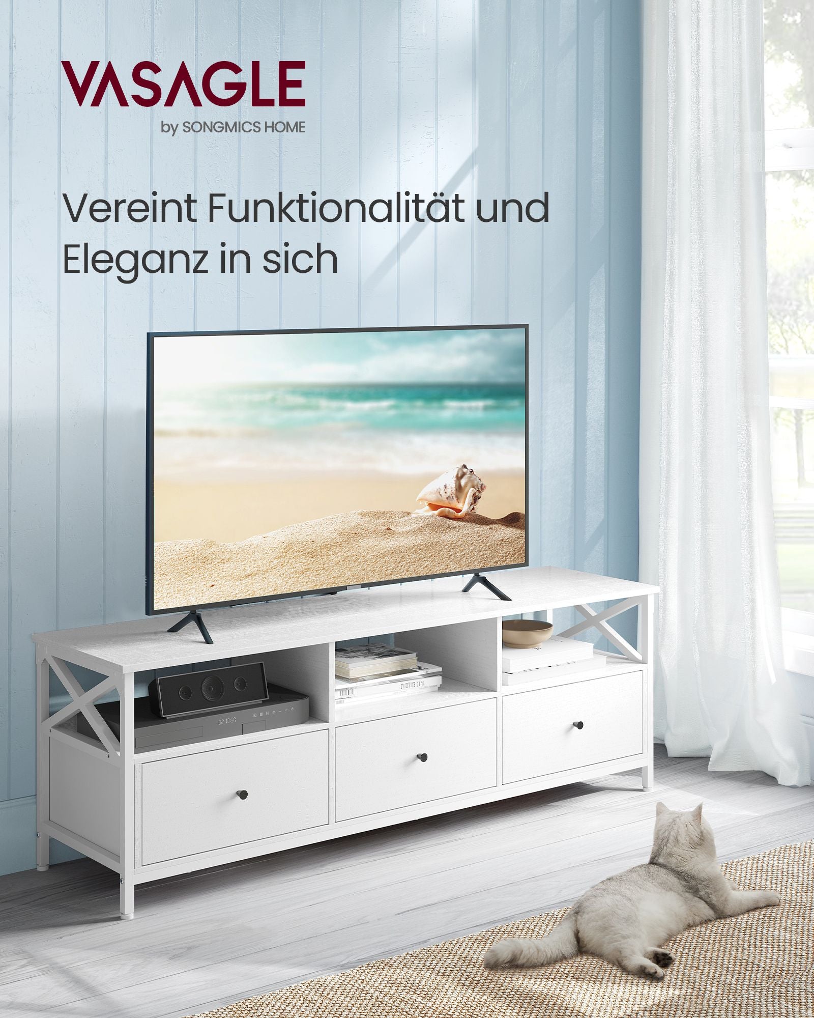 TV-Schrank 3 offenen Fächern Stahlgestell weiß