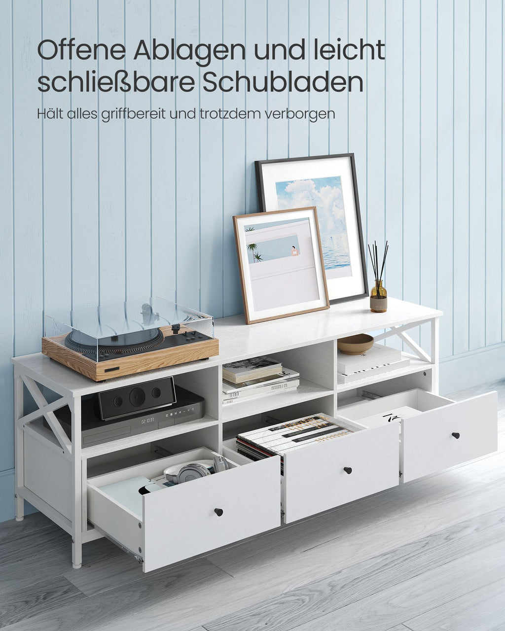 TV-Schrank 3 offenen Fächern Stahlgestell weiß