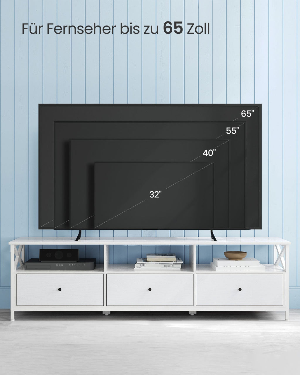 TV-Schrank 3 offenen Fächern Stahlgestell weiß