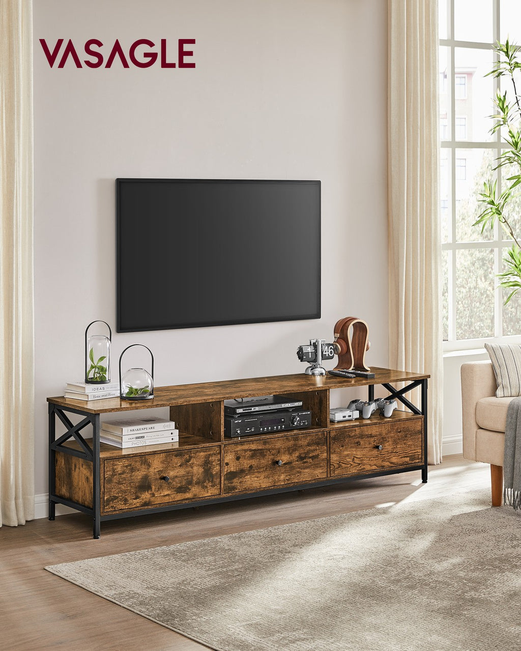 TV-Schrank  für Fernseher bis zu 80 Zoll mit 3 Schubladen vintagebraun-schwarz