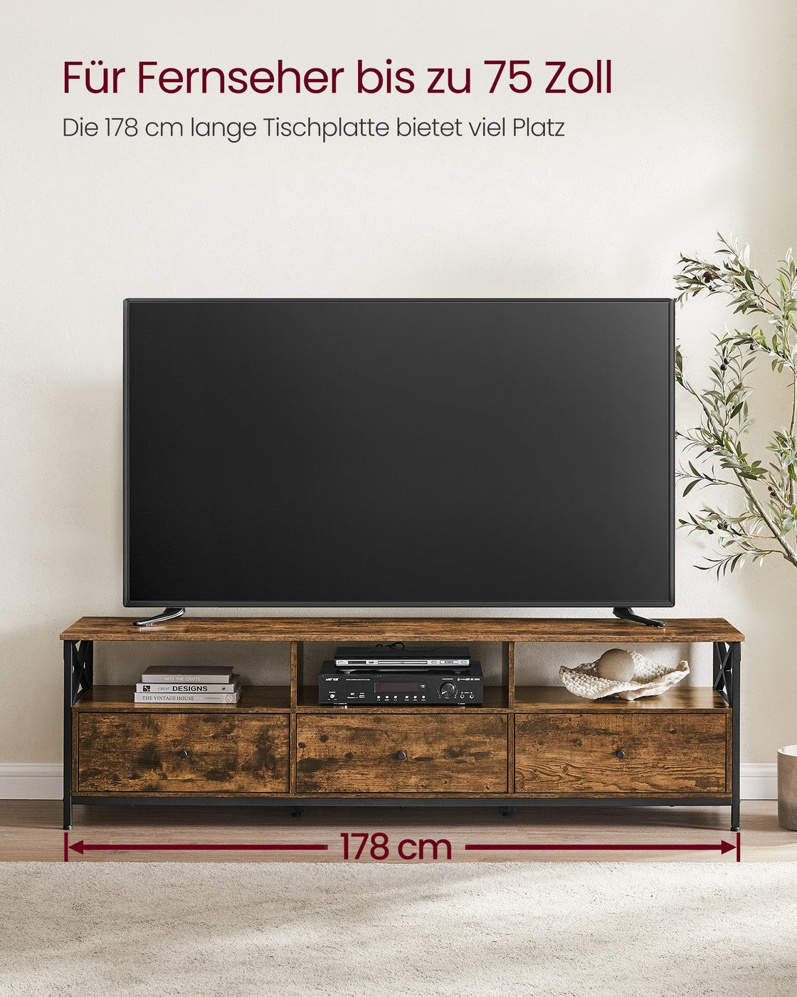 TV-Schrank  für Fernseher bis zu 80 Zoll mit 3 Schubladen vintagebraun-schwarz