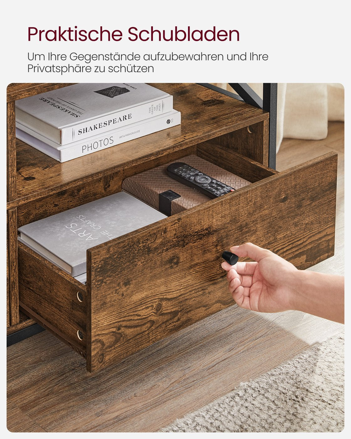 TV-Schrank  für Fernseher bis zu 80 Zoll mit 3 Schubladen vintagebraun-schwarz