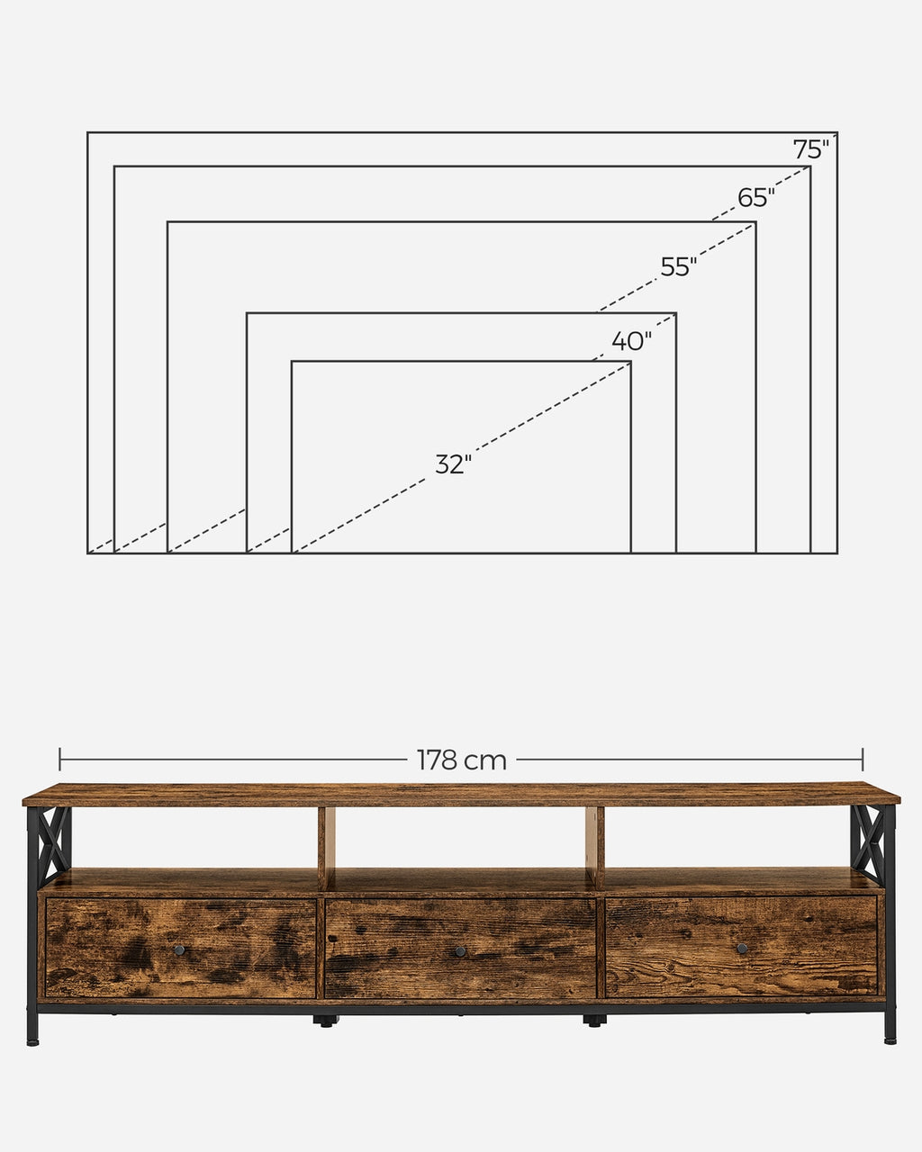 TV-Schrank  für Fernseher bis zu 80 Zoll mit 3 Schubladen vintagebraun-schwarz