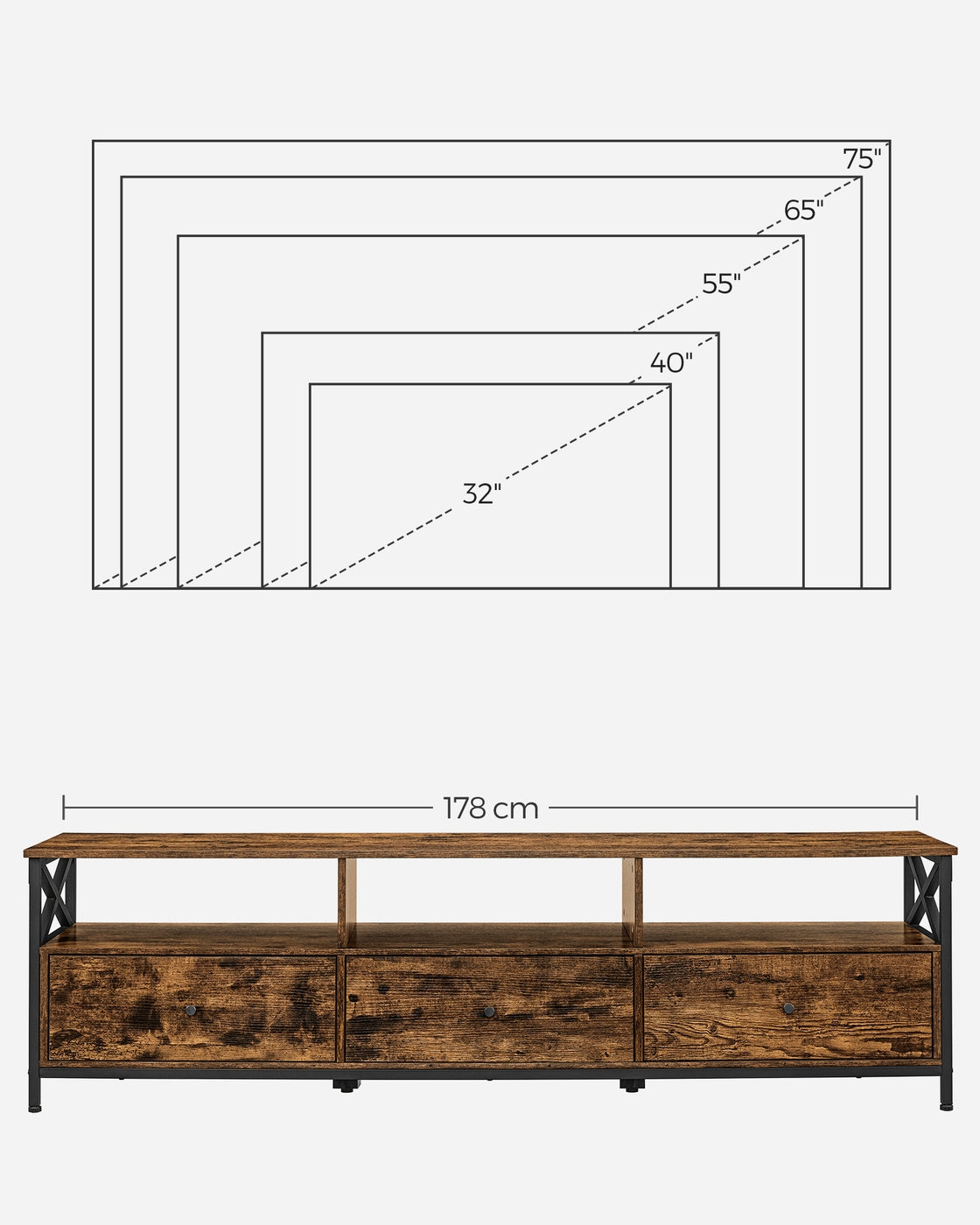 TV-Schrank  für Fernseher bis zu 80 Zoll mit 3 Schubladen vintagebraun-schwarz