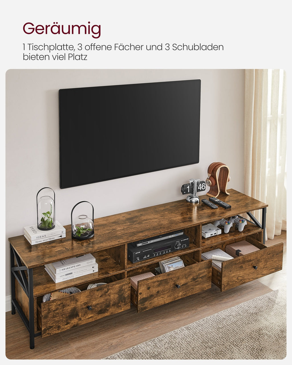 TV-Schrank  für Fernseher bis zu 80 Zoll mit 3 Schubladen vintagebraun-schwarz