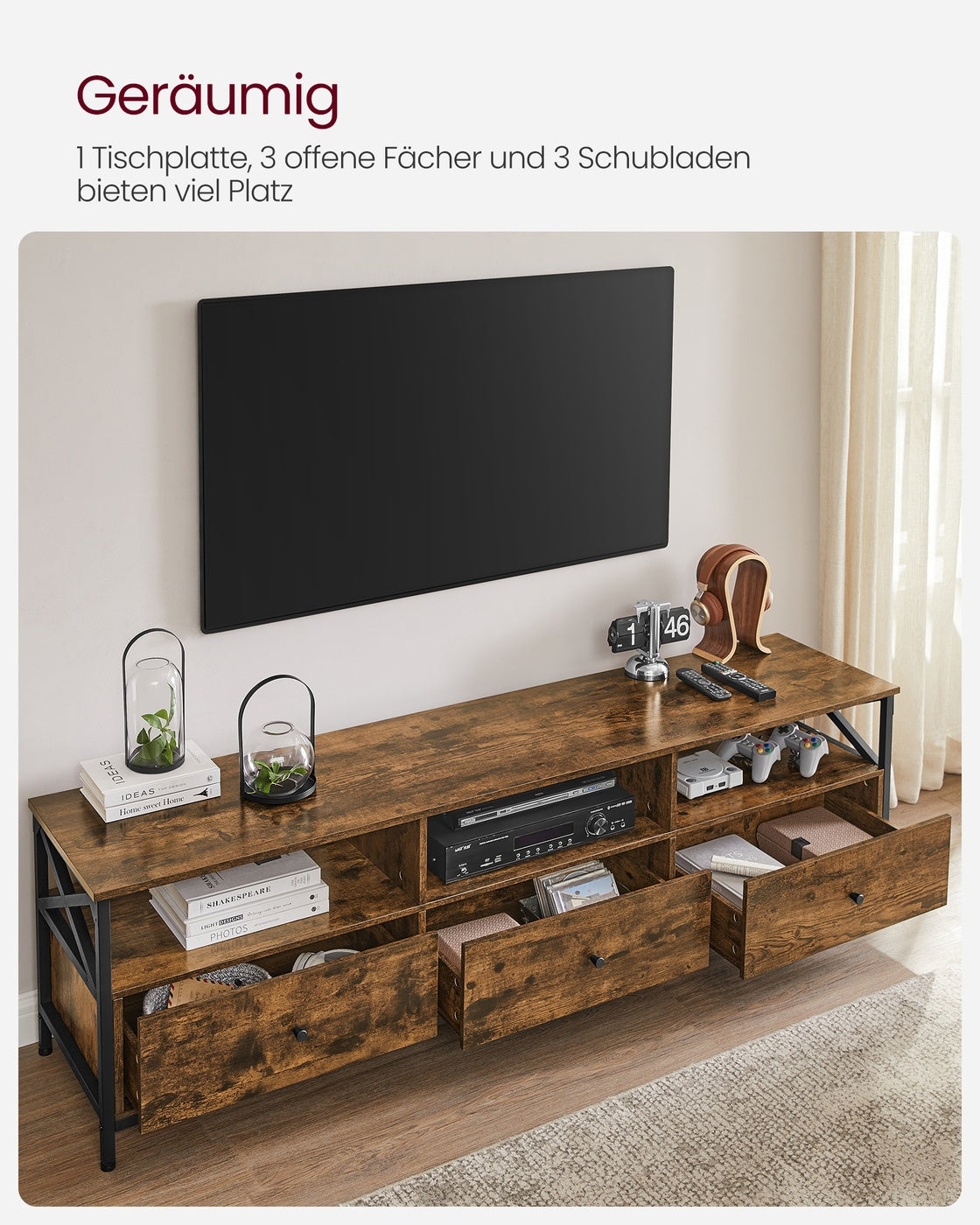 TV-Schrank  für Fernseher bis zu 80 Zoll mit 3 Schubladen vintagebraun-schwarz