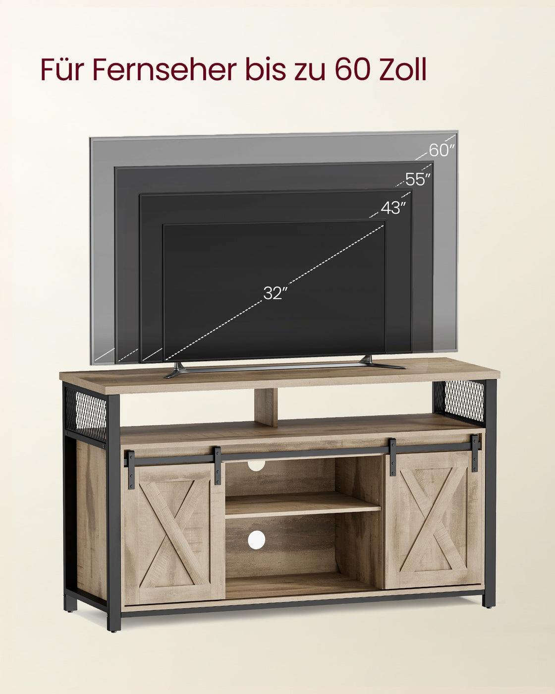 TV-Schrank mit verstellbaren Ablagen und Metallgestell