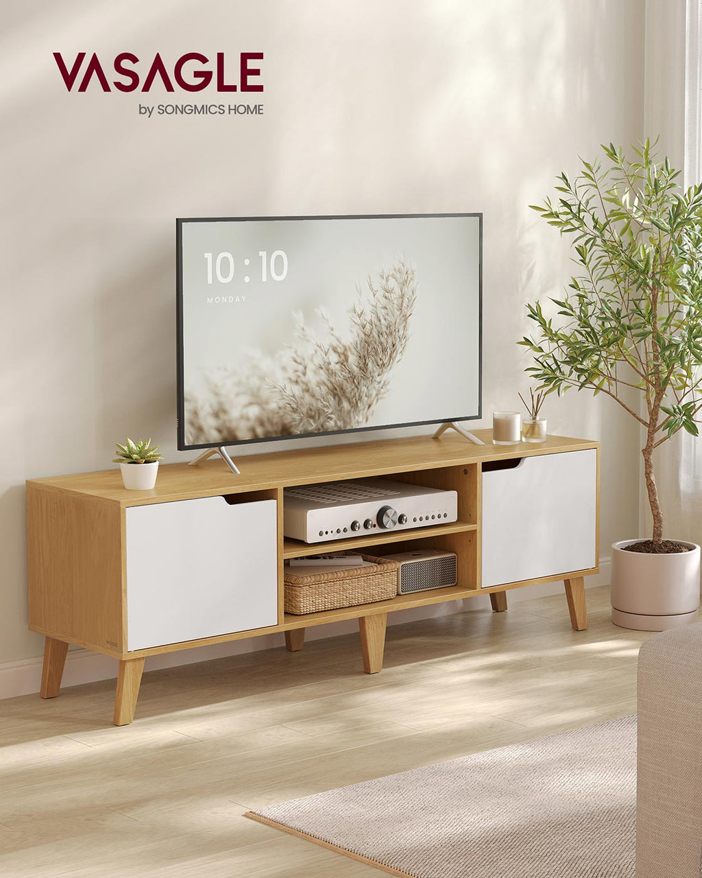 TV-Schrank mit verstellbarer Ablage im Übergangsstil Natureichenfarben-Cremeweiß