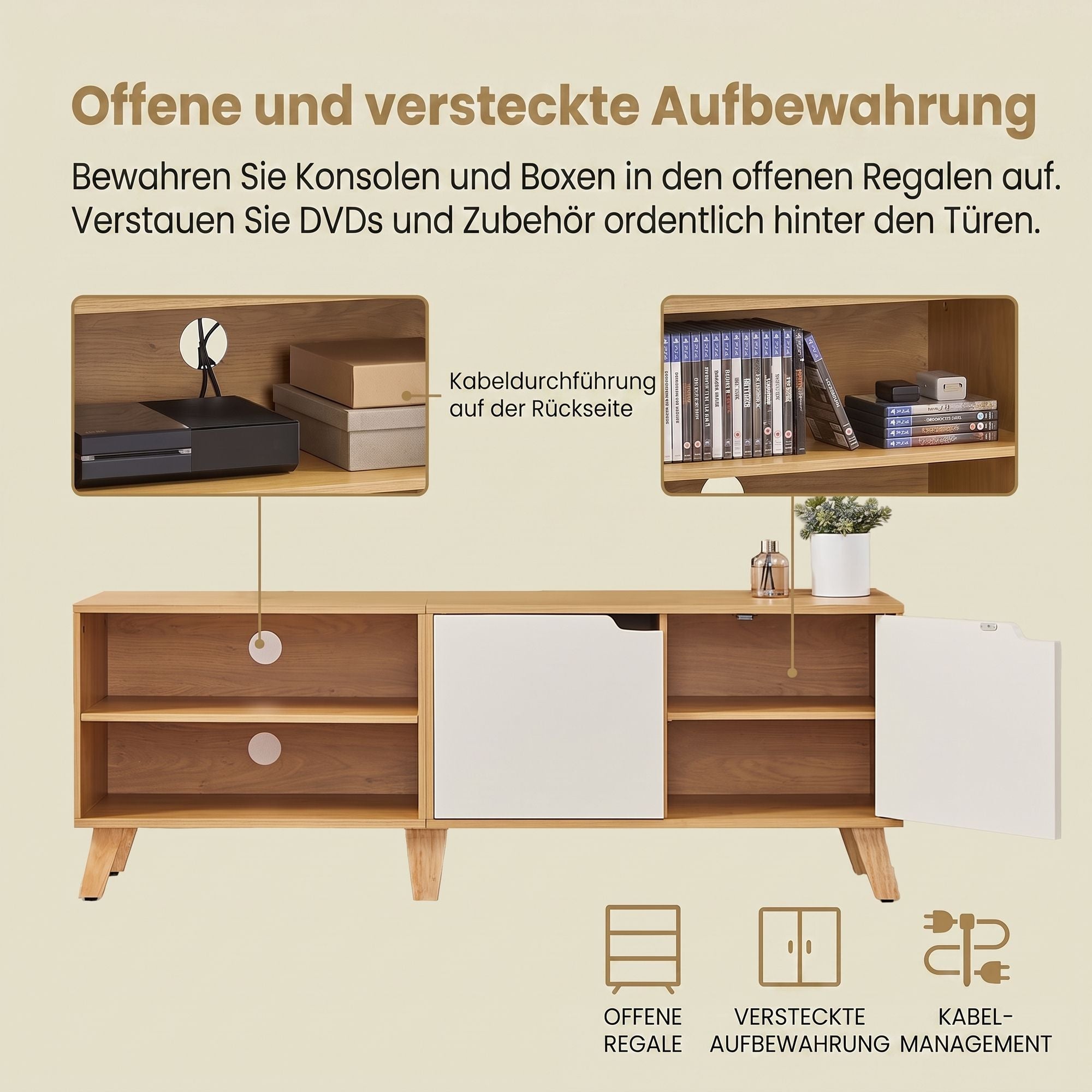 TV-Schrank, Fernsehtisch mit 2 Türen, 140 cm lang