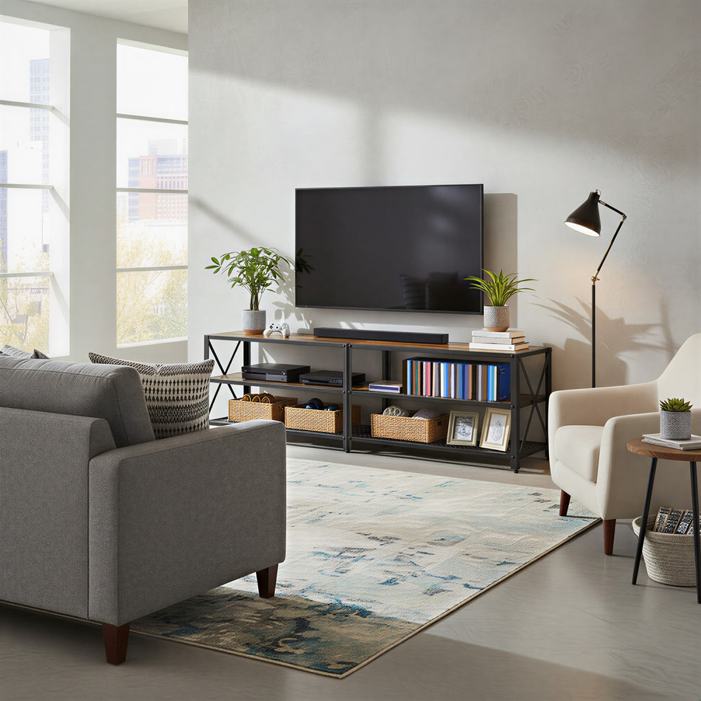 TV-Lowboard mit Stahlrahmen, Fernsehtisch für Wohnzimmer, mit Stauraum