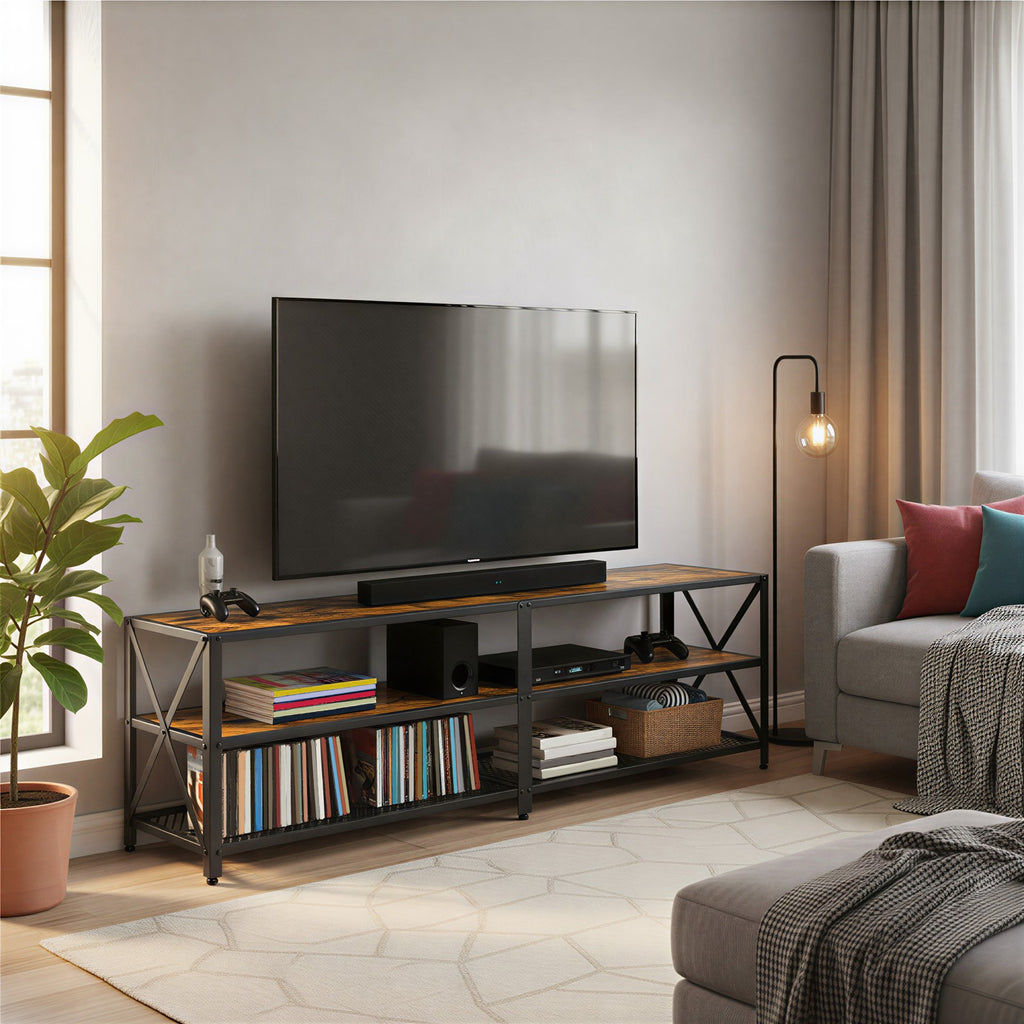 TV-Lowboard mit Stahlrahmen, Fernsehtisch für Wohnzimmer, mit Stauraum