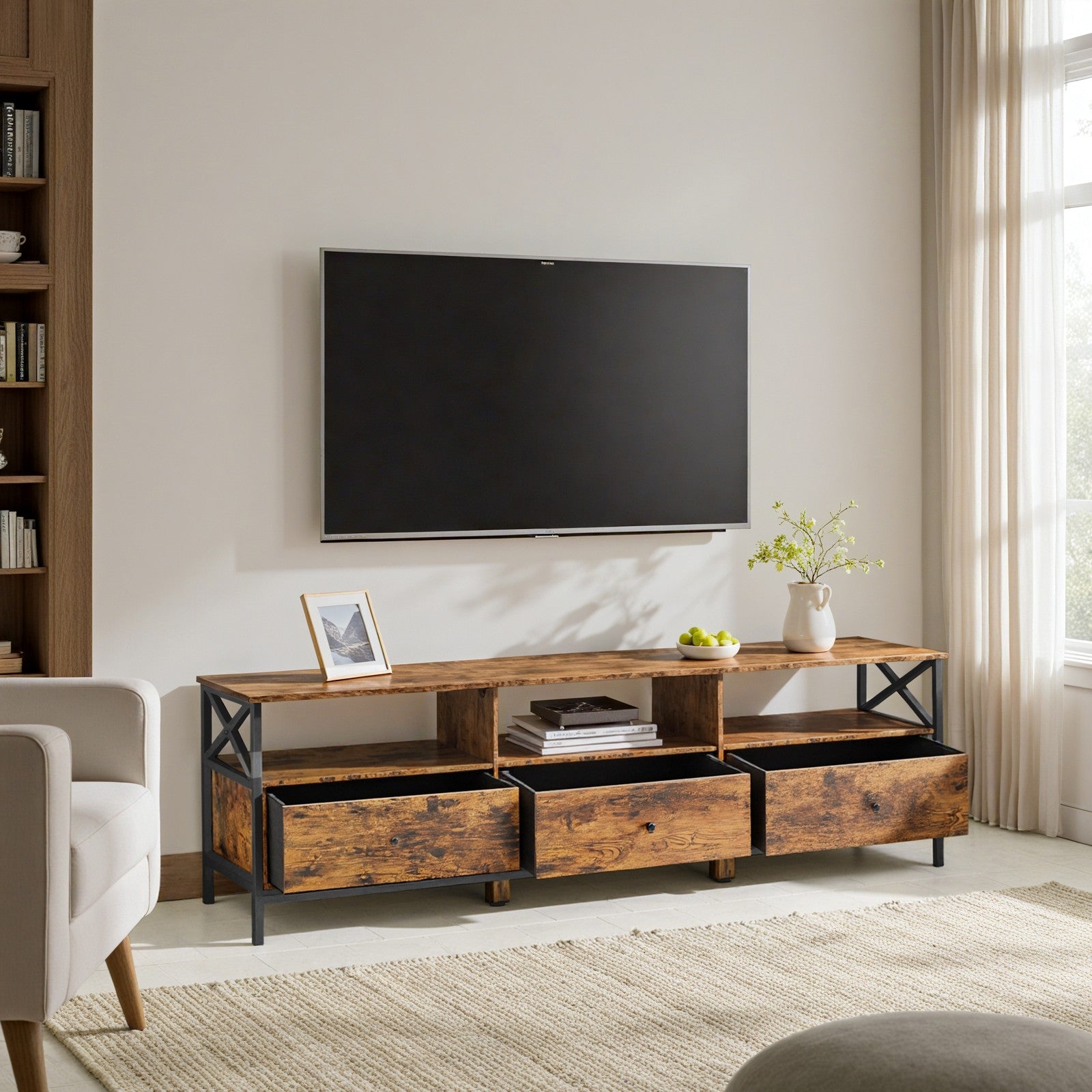 Fernsehtisch, TV-Ständer für Fernseher bis zu 80 Zoll, reichlich Stauraum