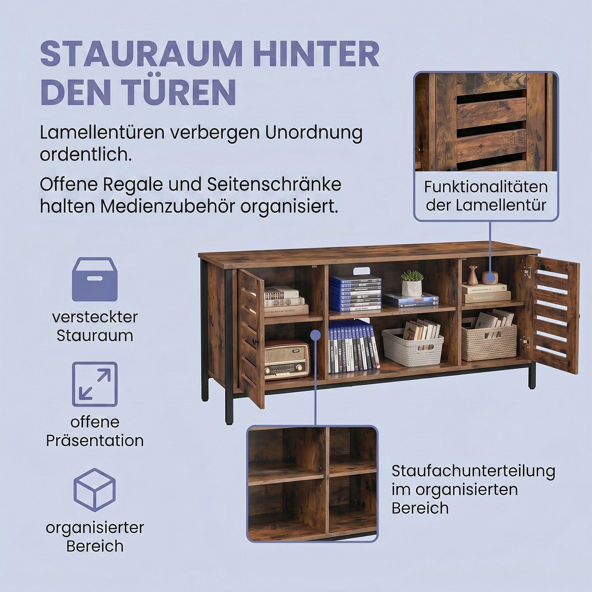 TV-Lowboard mit 2 Schränken und 2 Regalebenen