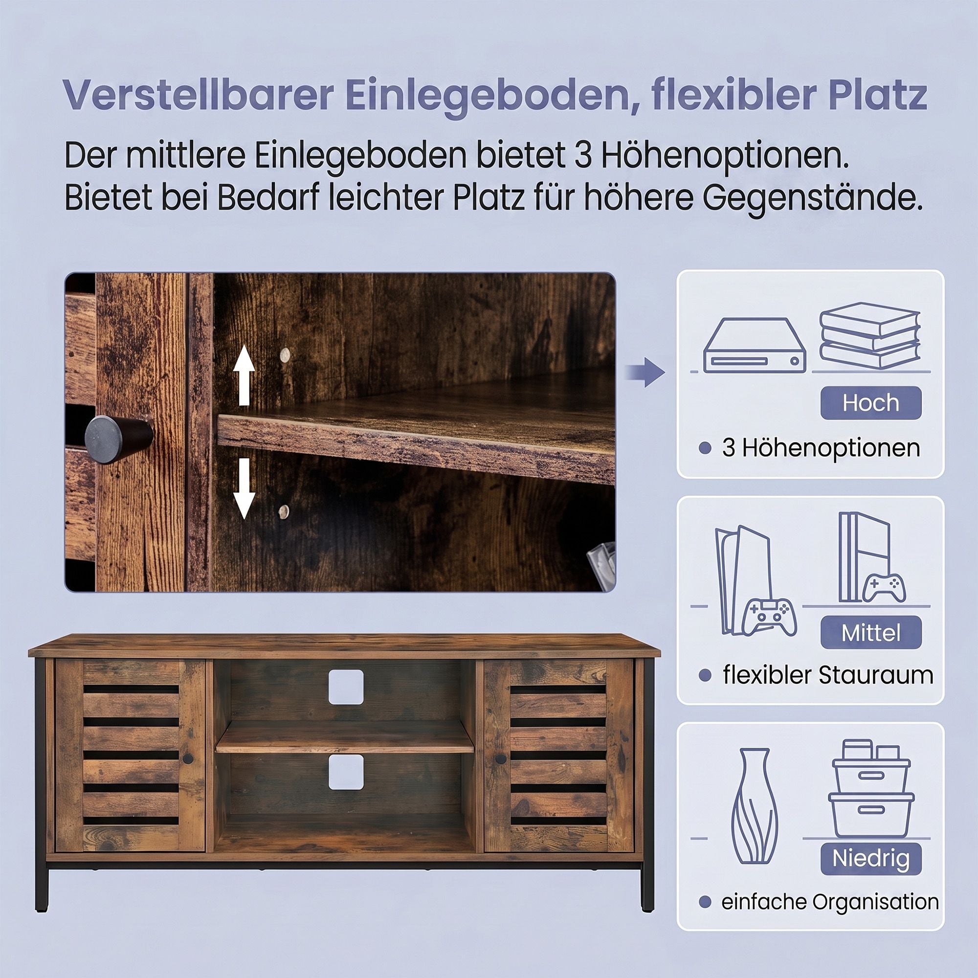 TV-Lowboard mit 2 Schränken und 2 Regalebenen