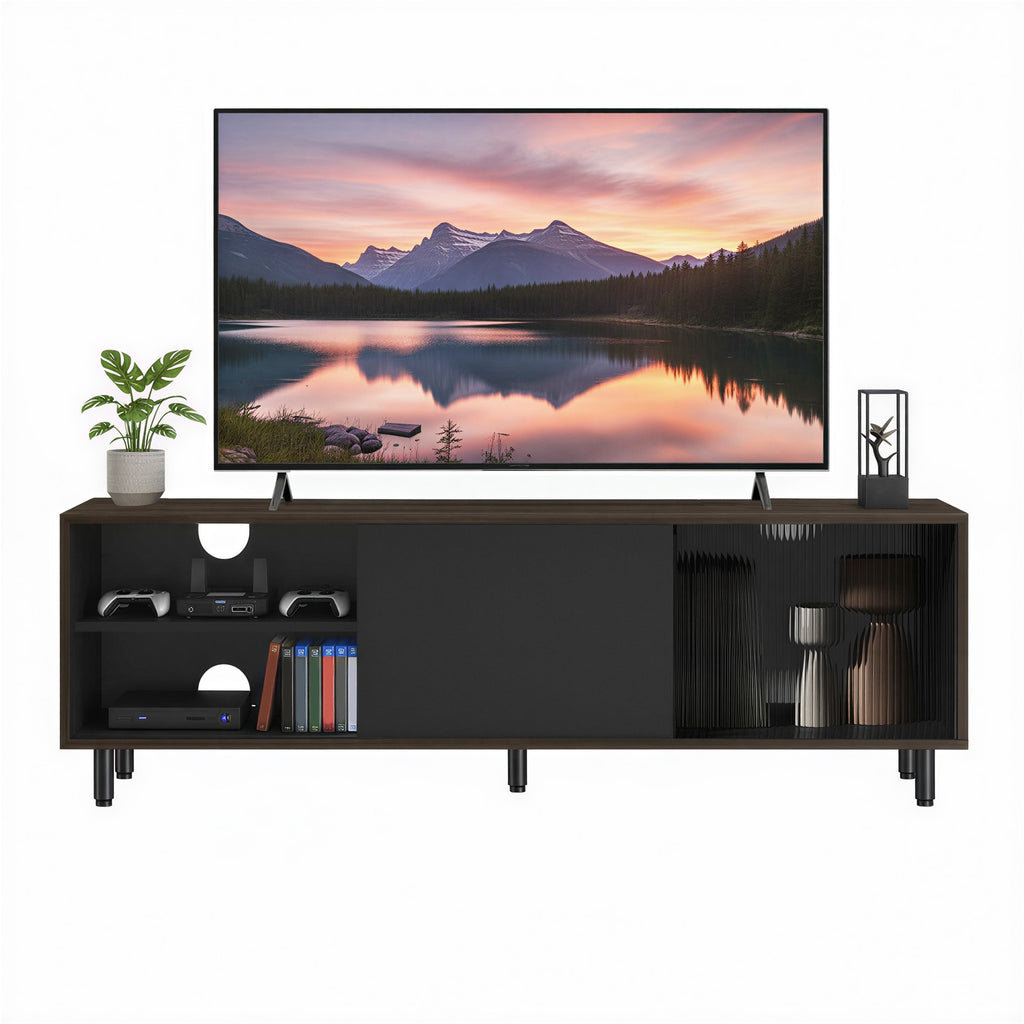 Moderner TV-Schrank, schnelle Montage ohne Werkzeug, Fernsehtisch mit geriffeltem Glas