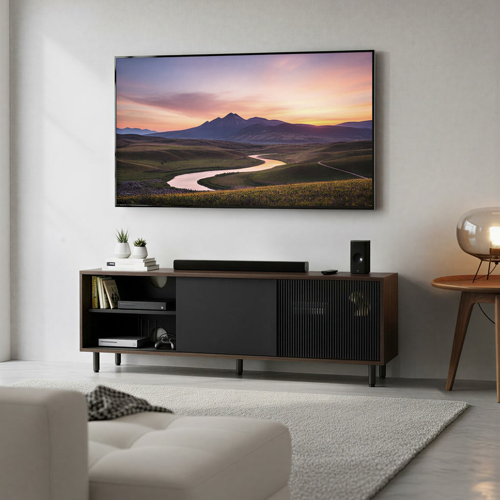 Moderner TV-Schrank, schnelle Montage ohne Werkzeug, Fernsehtisch mit geriffeltem Glas