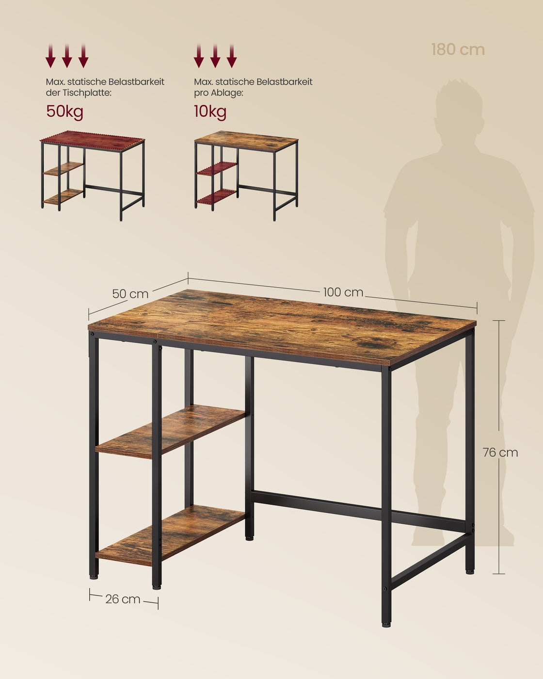 Computertisch Bürotisch 100 × 50 × 76 cm vintagebraun-schwarz
