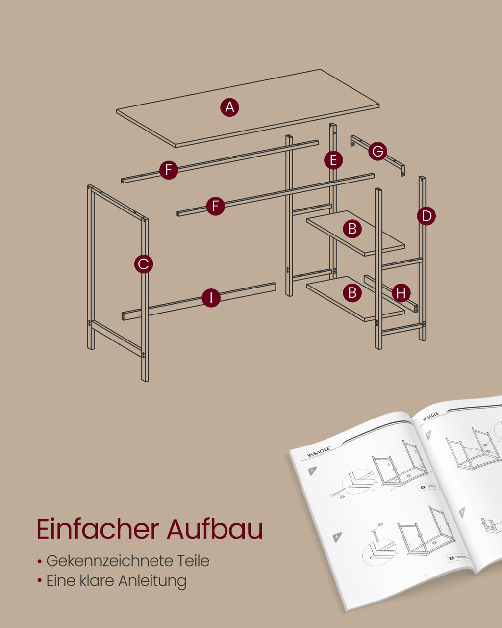 Schreibtisch mit 2 Ablagen und Stahlgestell ebenholzschwarz