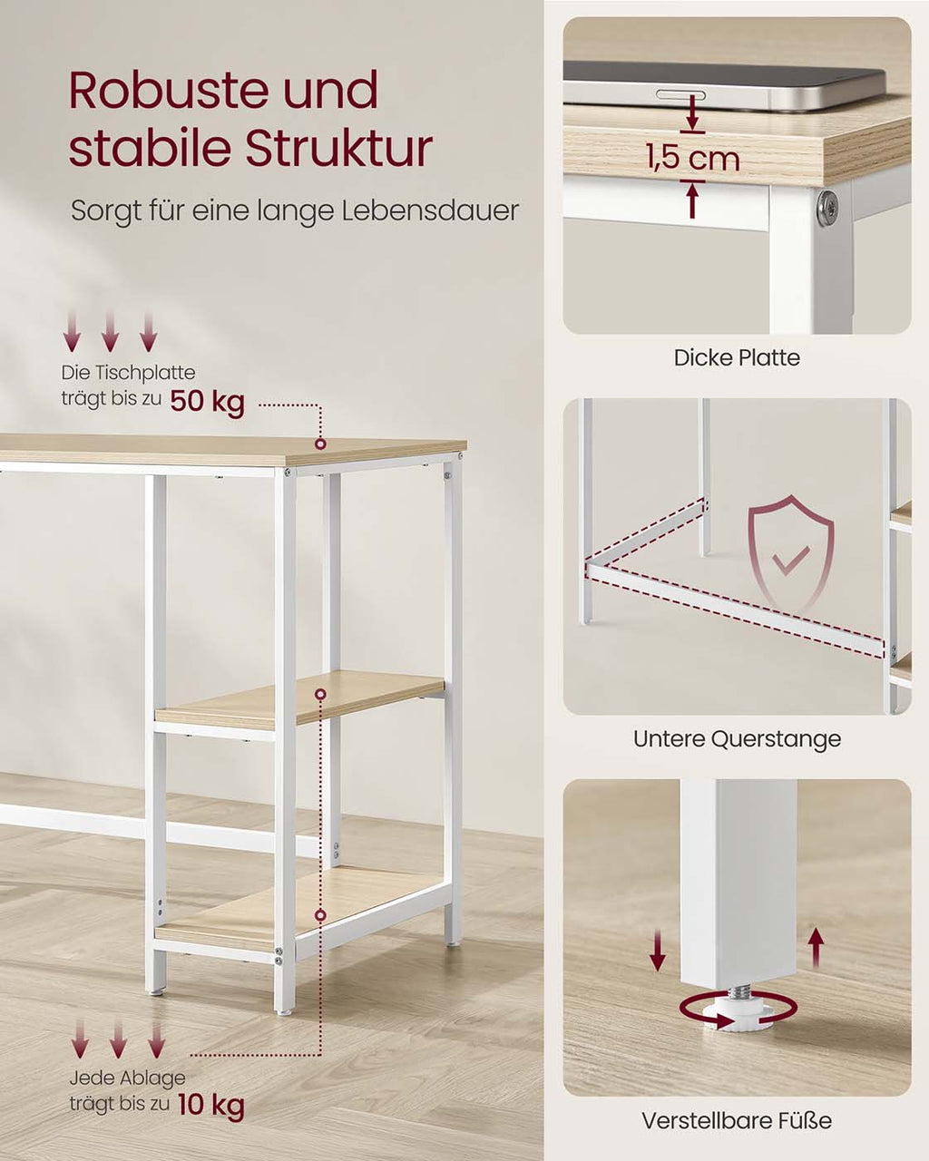 Bürotisch 100 x 50 x 76 cm naturbeige-perlweiß