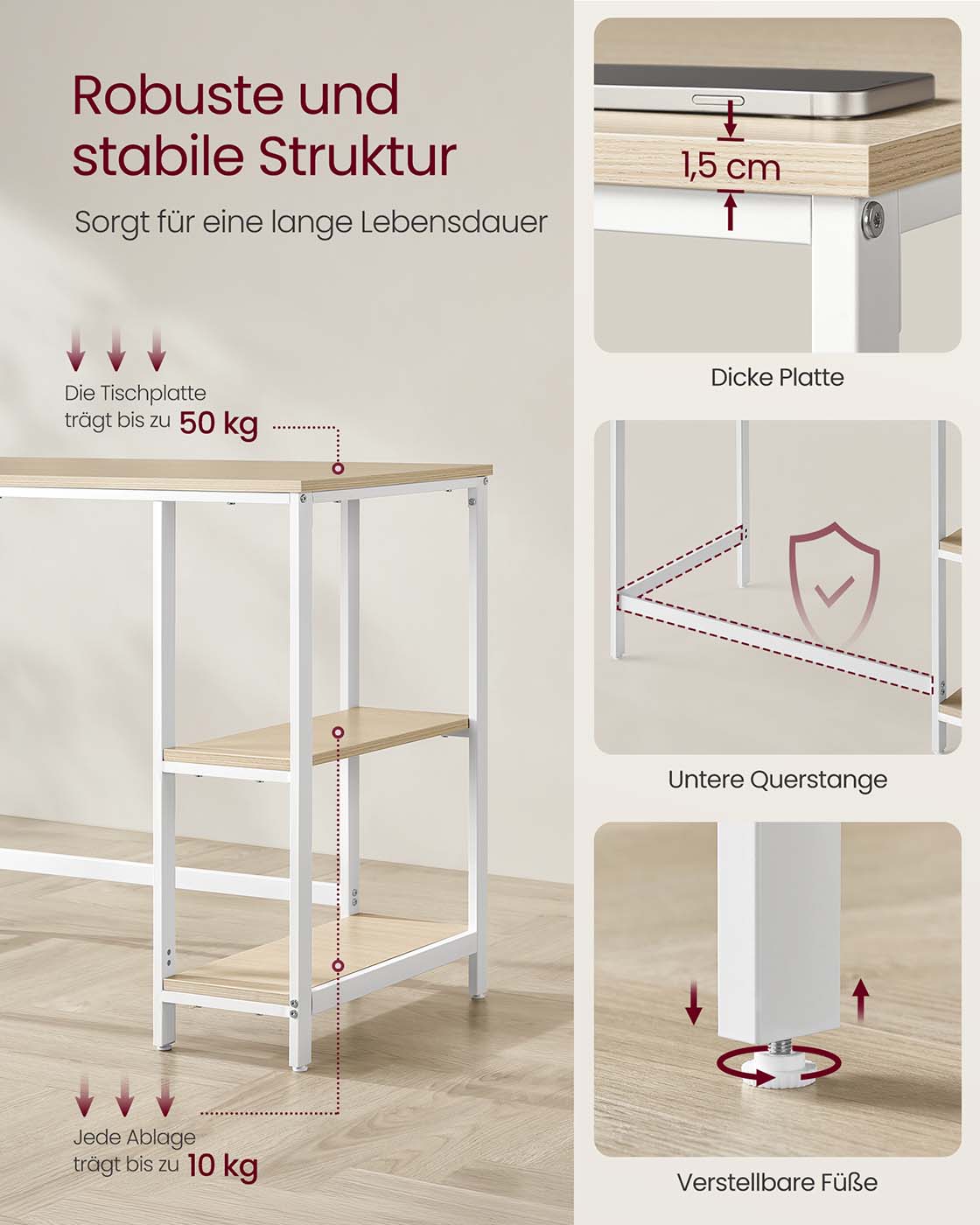 Bürotisch 100 x 50 x 76 cm naturbeige-perlweiß