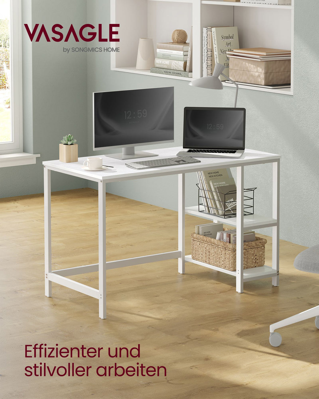 Schreibtisch mit 2 Ablagen modern ahornweiß