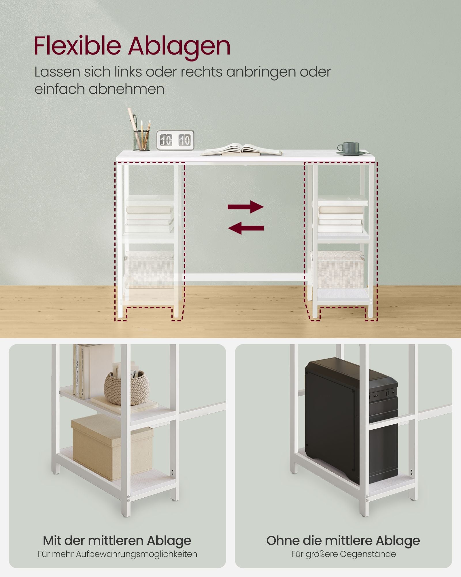 Schreibtisch mit 2 Ablagen modern ahornweiß