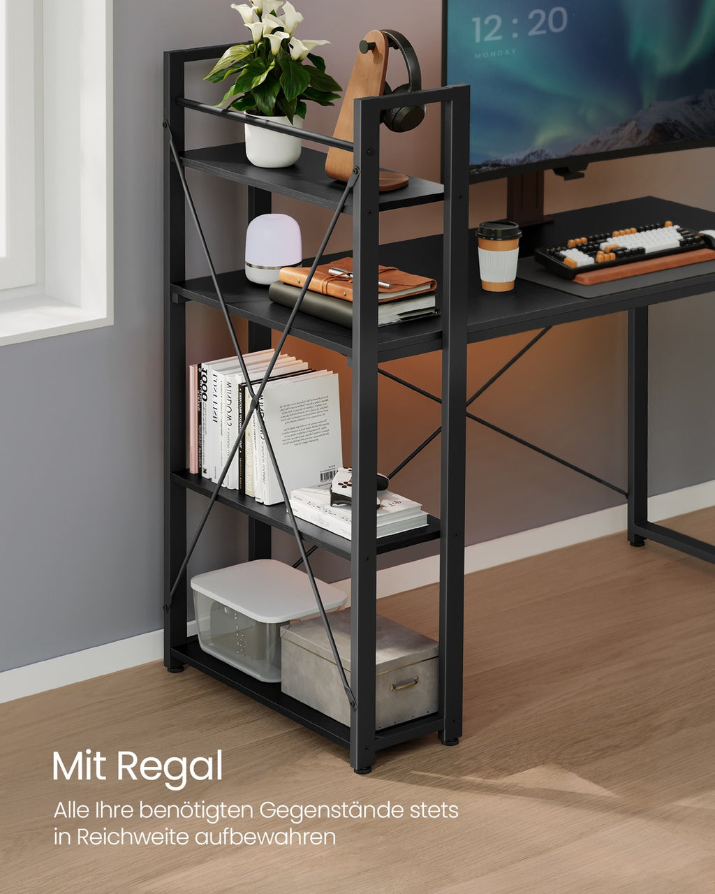 Schreibtisch 120 cm breit mit Regalböden ebenholzschwarz