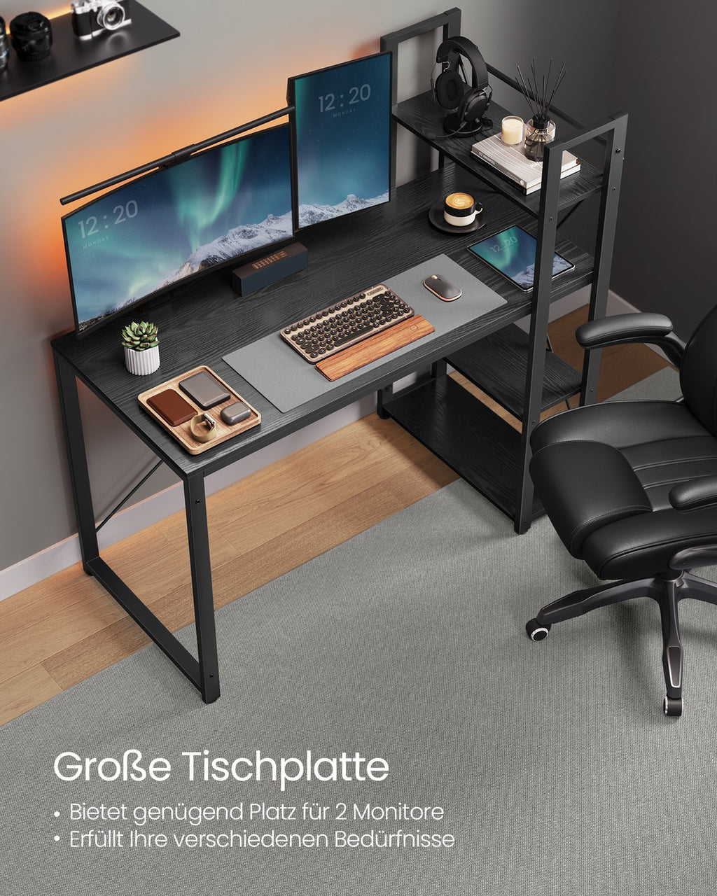 Schreibtisch 120 cm breit mit Regalböden ebenholzschwarz