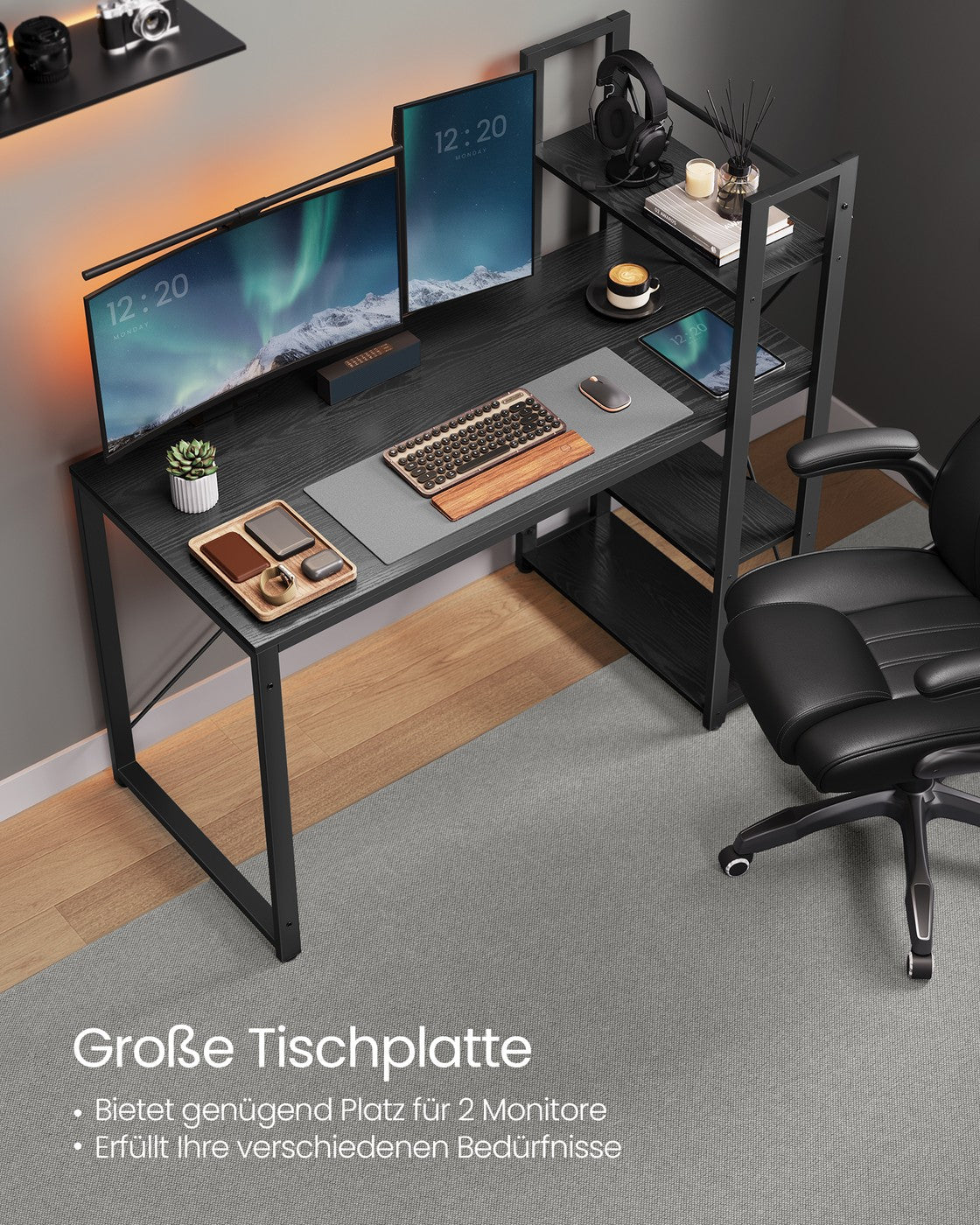 Schreibtisch 120 cm breit mit Regalböden ebenholzschwarz