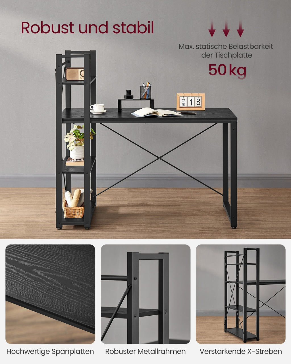 Schreibtisch 120 cm breit mit Regalböden ebenholzschwarz