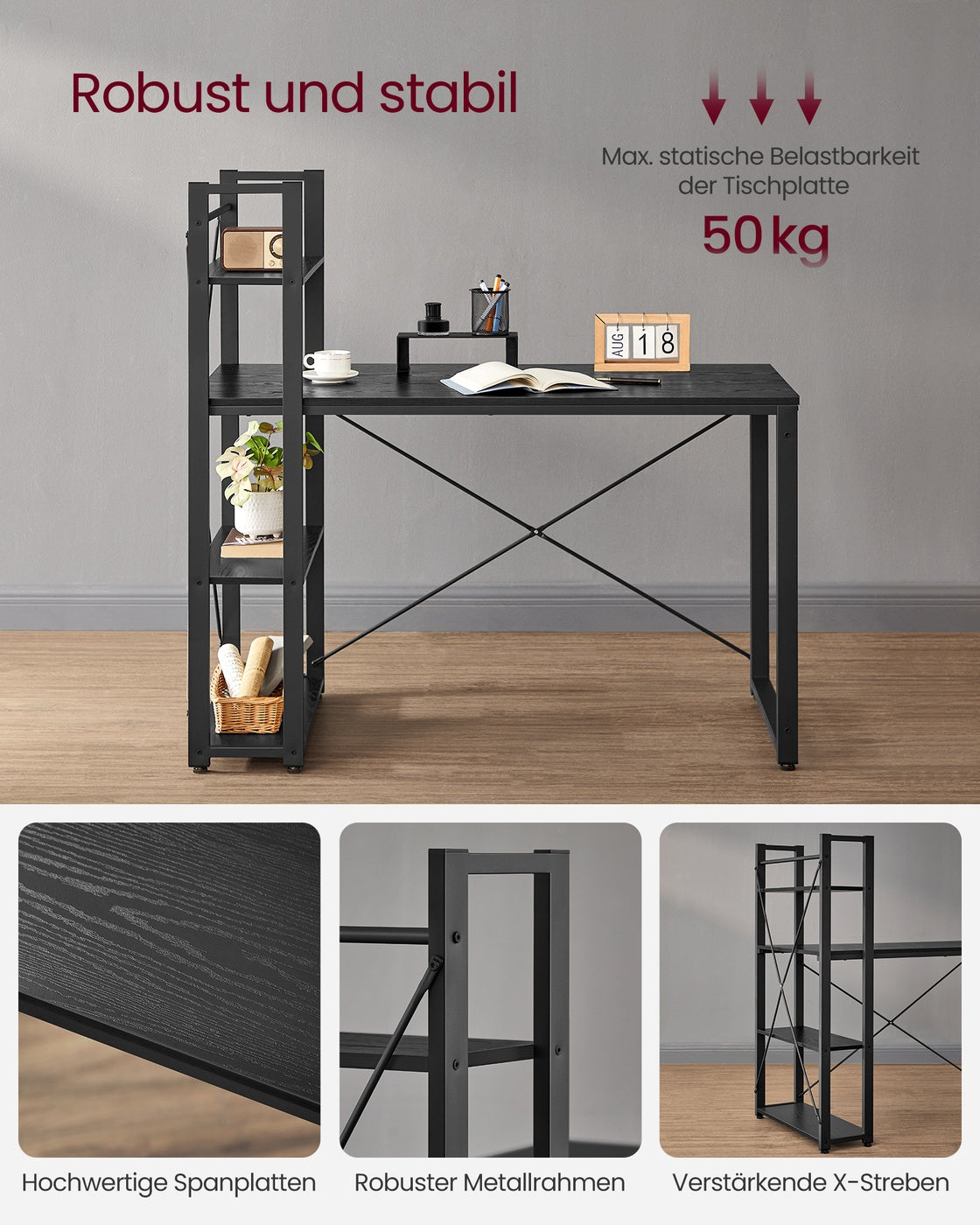Schreibtisch 120 cm breit mit Regalböden ebenholzschwarz