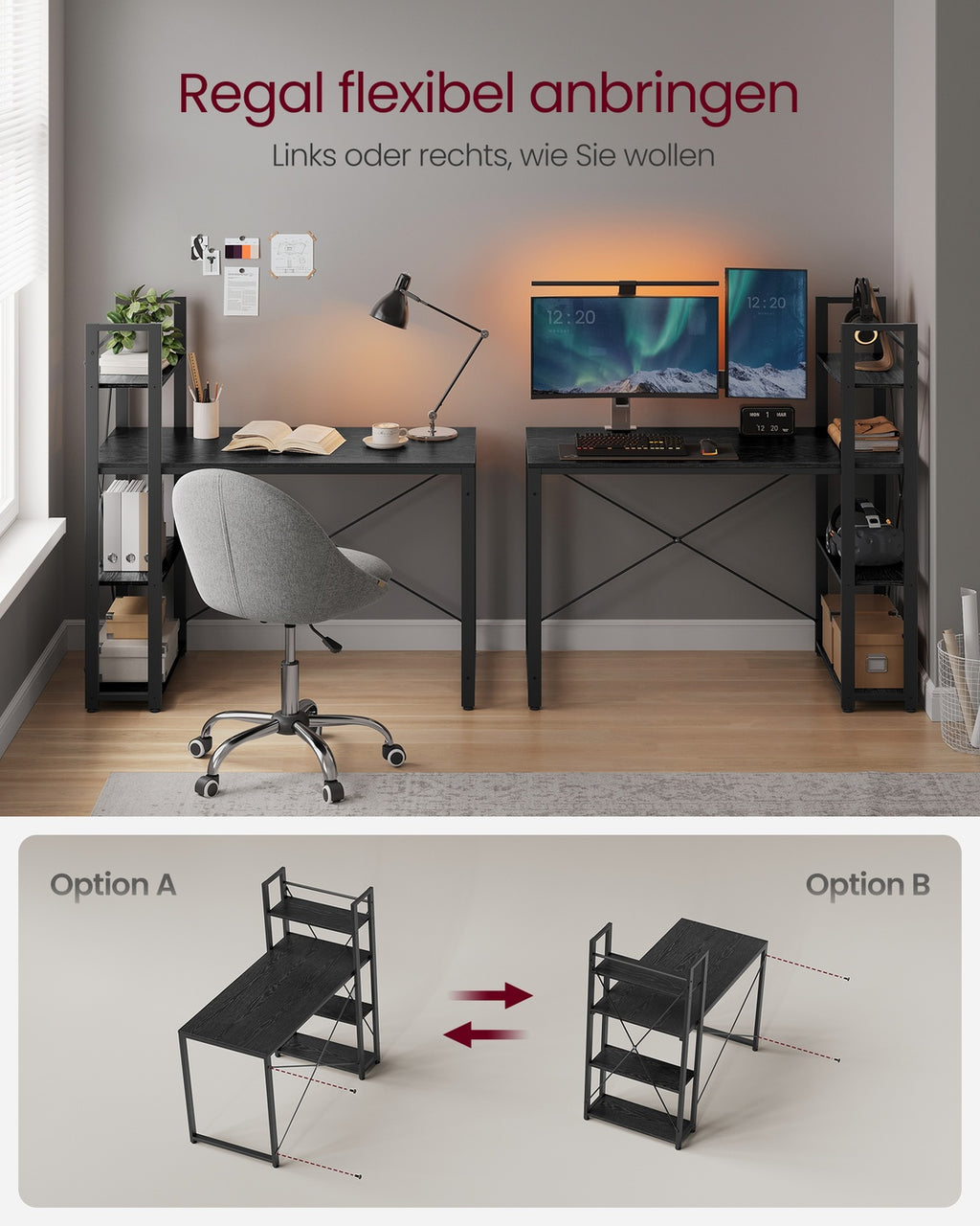 Schreibtisch 120 cm breit mit Regalböden ebenholzschwarz