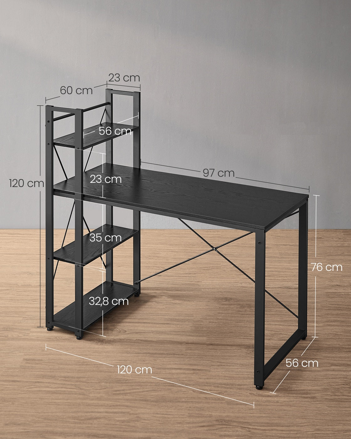 Schreibtisch 120 cm breit mit Regalböden ebenholzschwarz