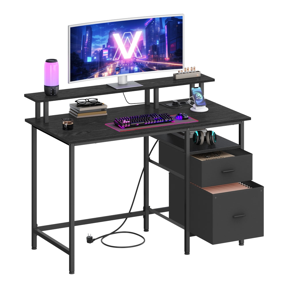 Schreibtisch mit Schubladen und Steckdosen ebenholzschwarz