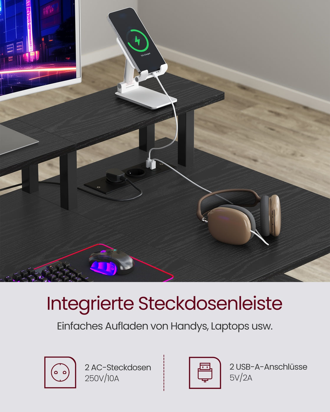 Schreibtisch mit Schubladen und Steckdosen ebenholzschwarz