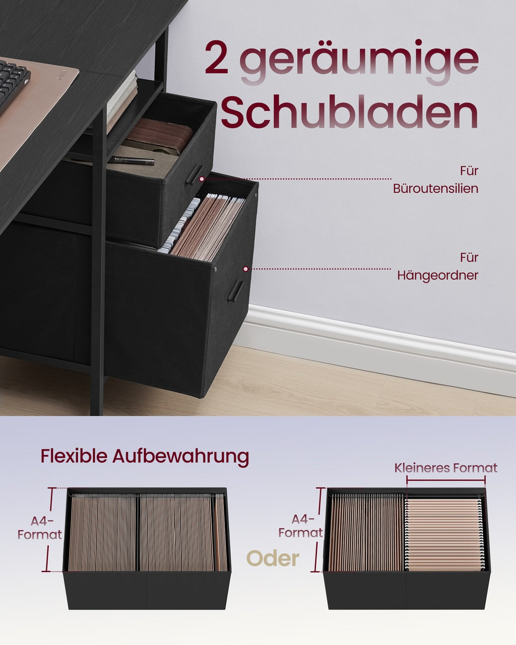 Schreibtisch mit Schubladen und Steckdosen ebenholzschwarz