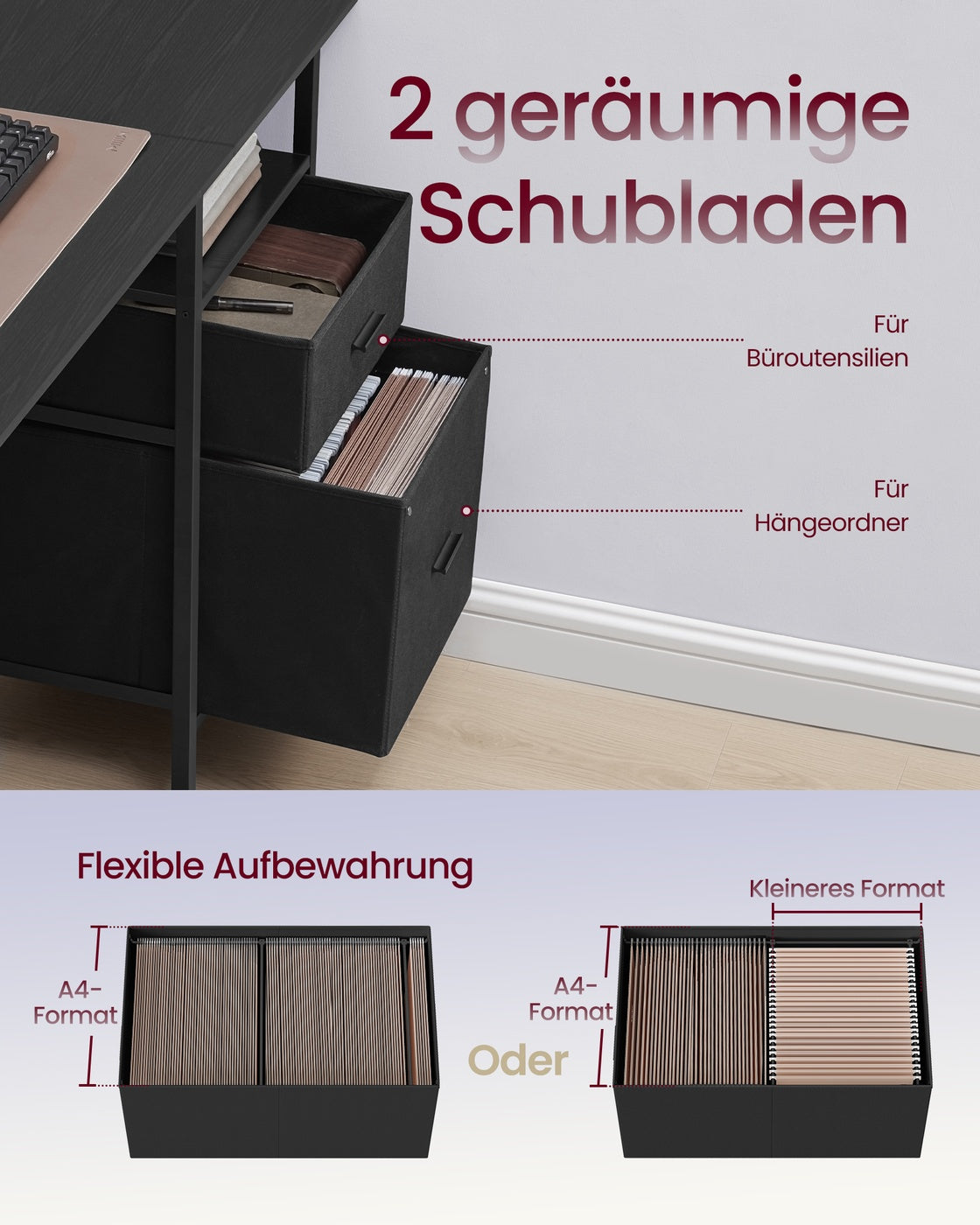 Schreibtisch mit Schubladen und Steckdosen ebenholzschwarz