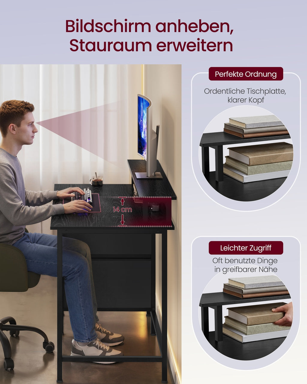 Schreibtisch mit Schubladen und Steckdosen ebenholzschwarz