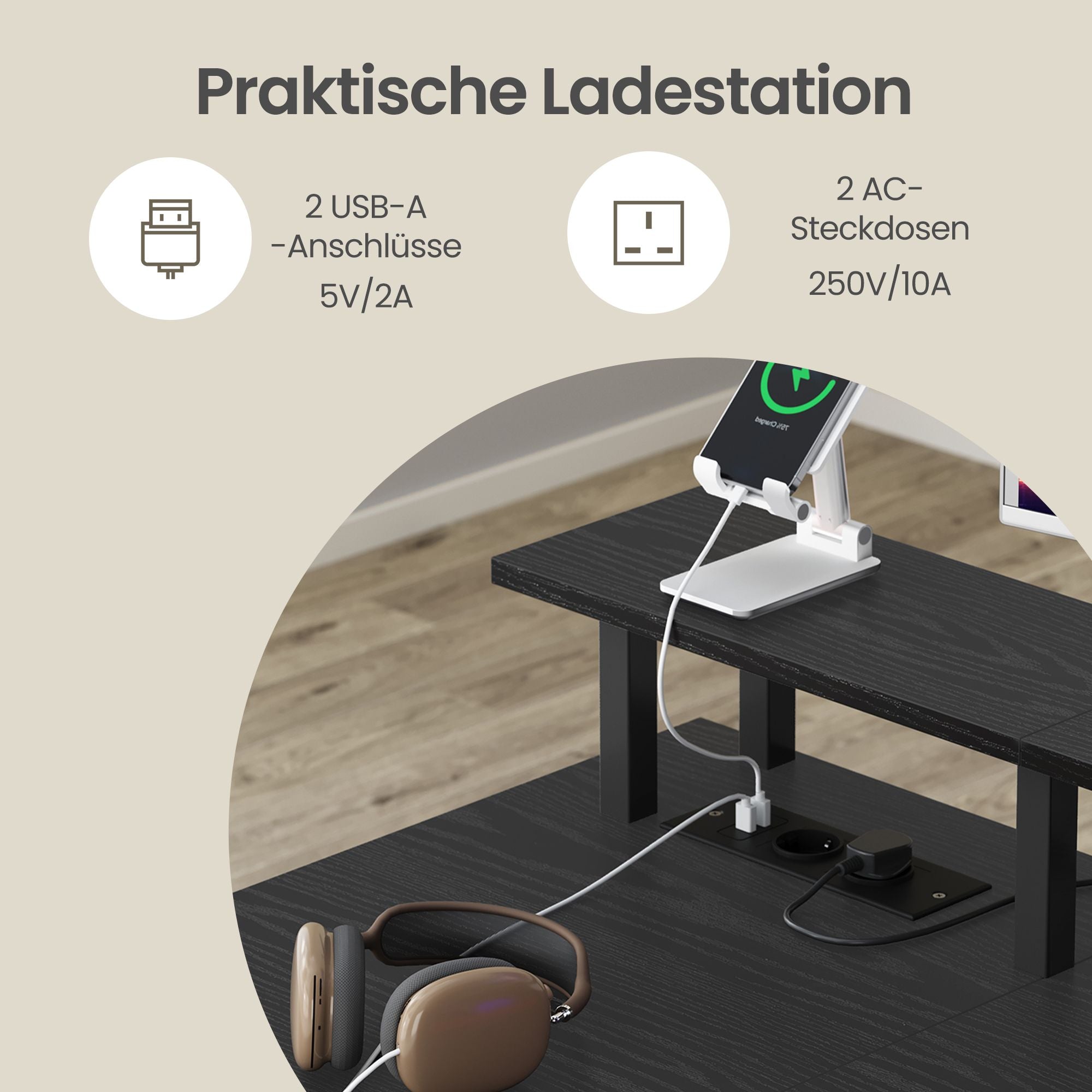 Computertisch mit Stoff-Schubladen, Monitorständer