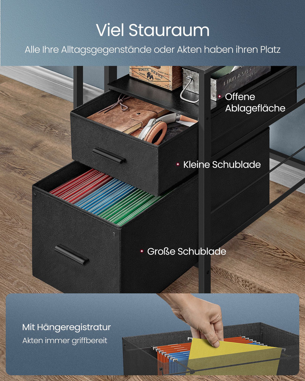 Schreibtisch mit Schubladen und Monitorständer ebenholzschwarz