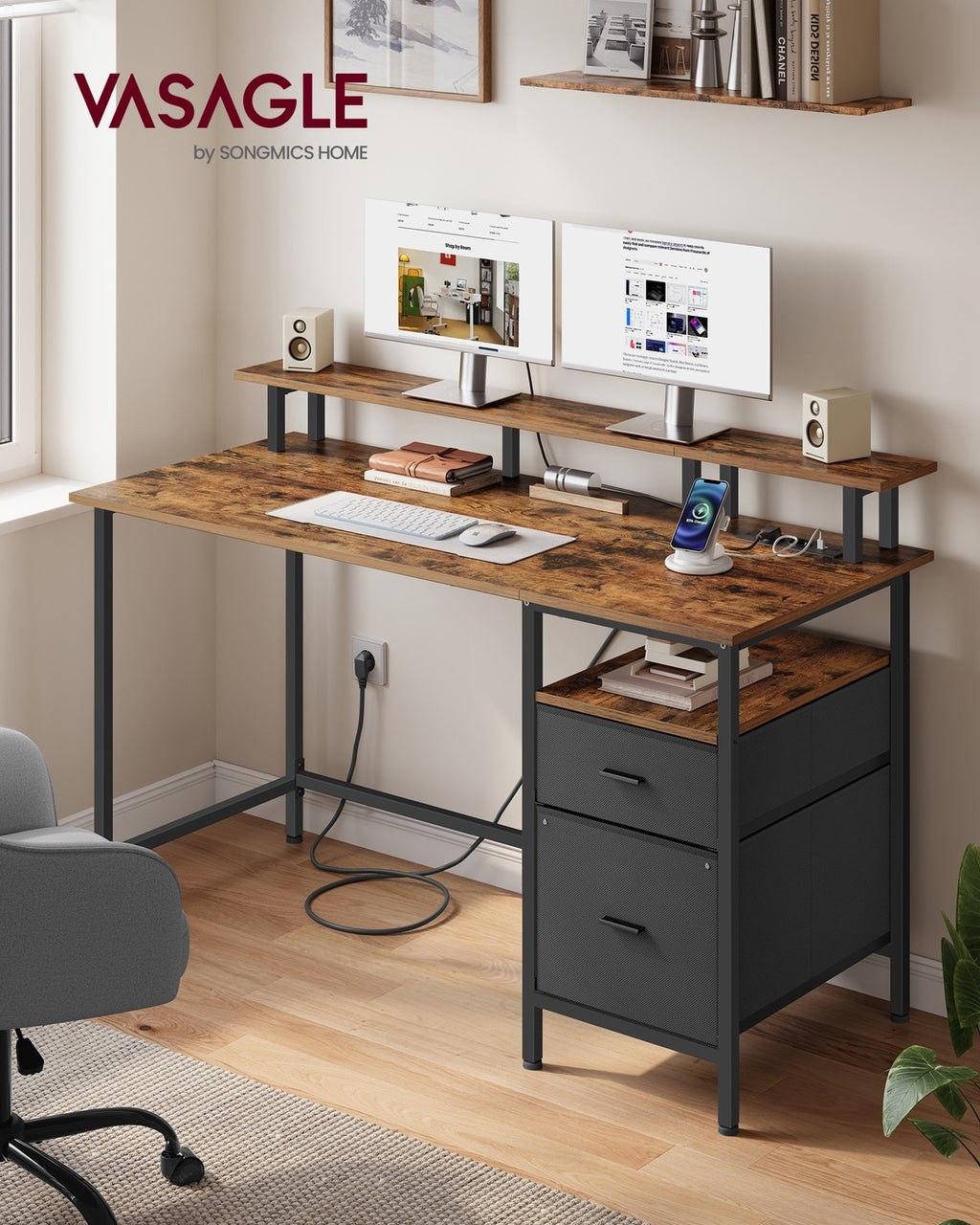 Schreibtisch mit Schubladen und Monitorständer vintagebraun