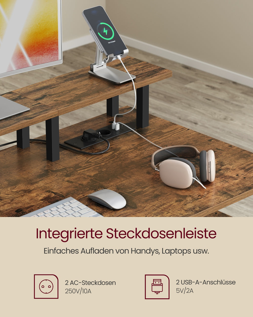Schreibtisch mit Schubladen und Monitorständer vintagebraun