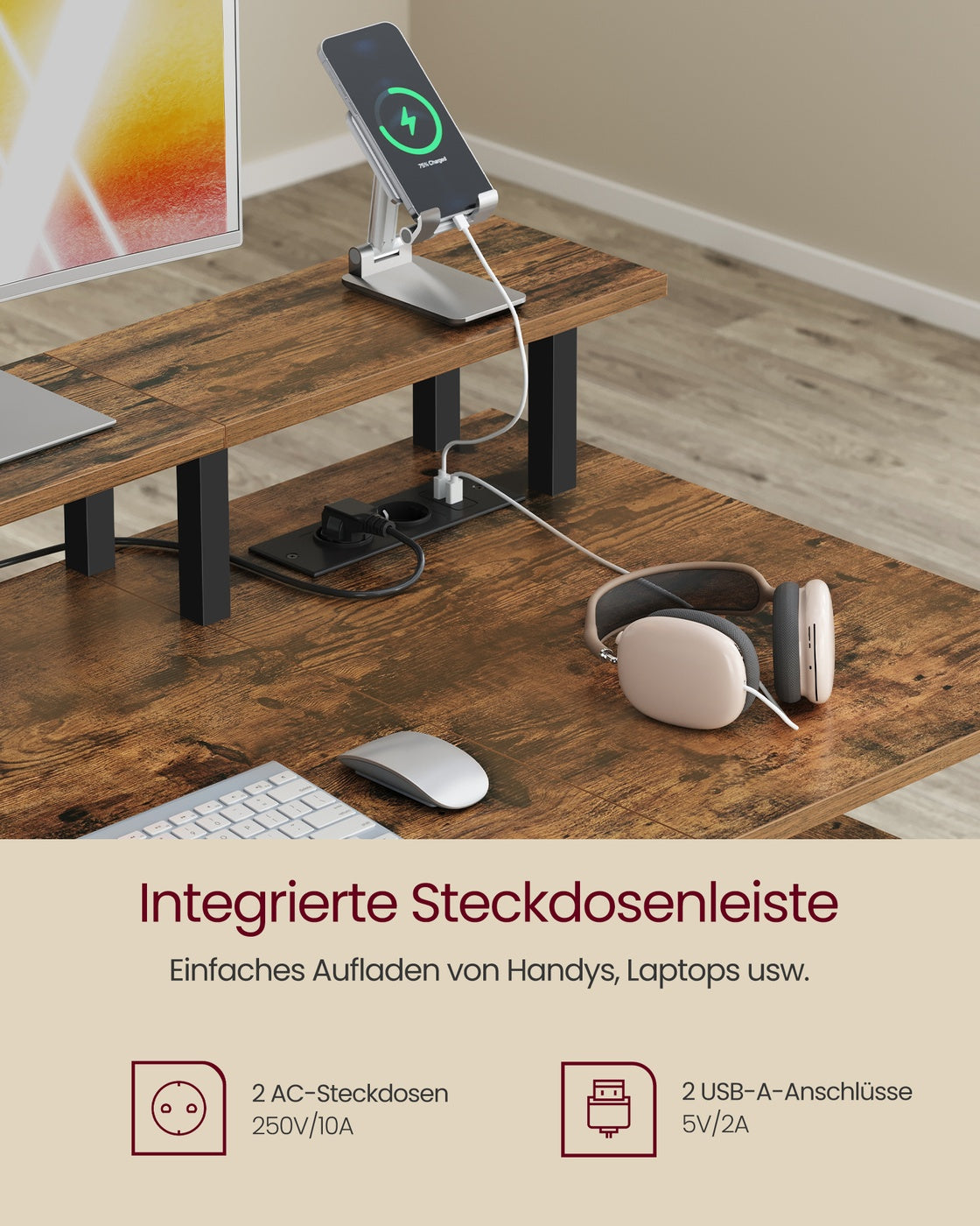 Schreibtisch mit Schubladen und Monitorständer vintagebraun