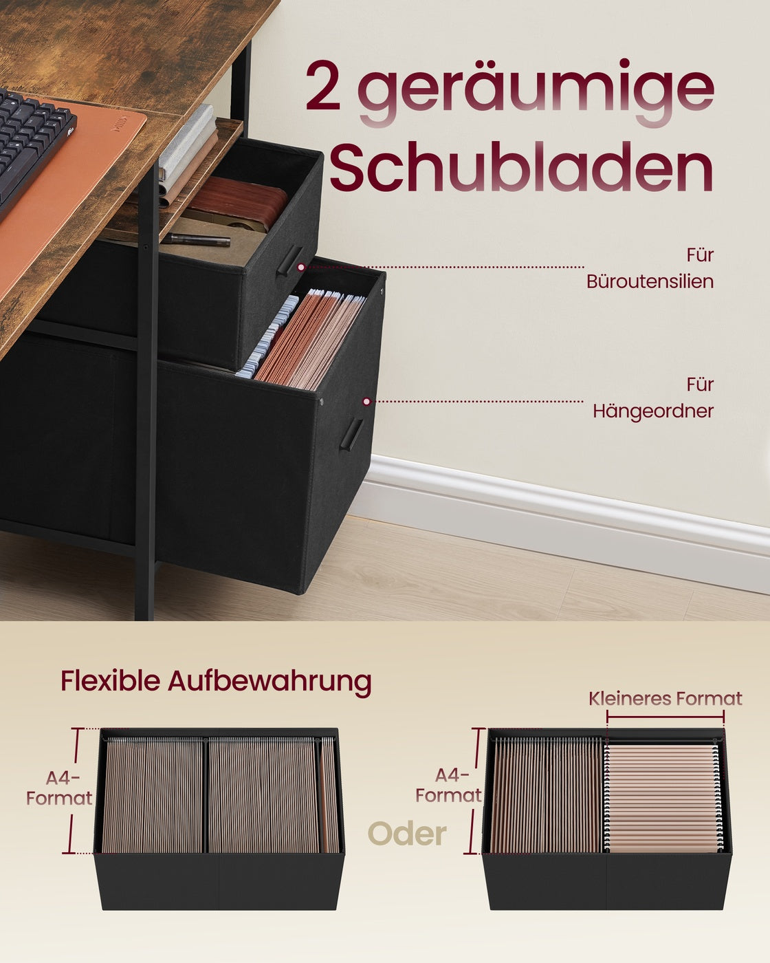 Schreibtisch mit Schubladen und Monitorständer vintagebraun
