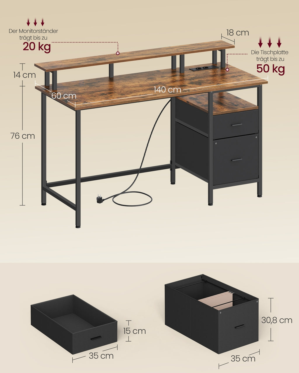 Schreibtisch mit Schubladen und Monitorständer vintagebraun