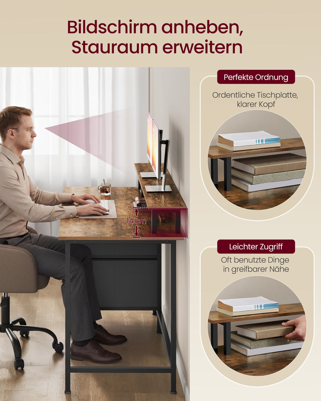 Schreibtisch mit Schubladen und Monitorständer vintagebraun