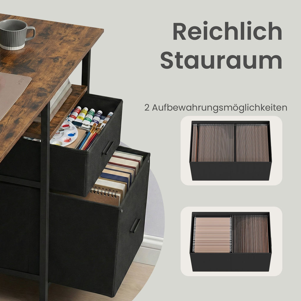Schreibtisch mit Stoffschubladen, Monitorständer