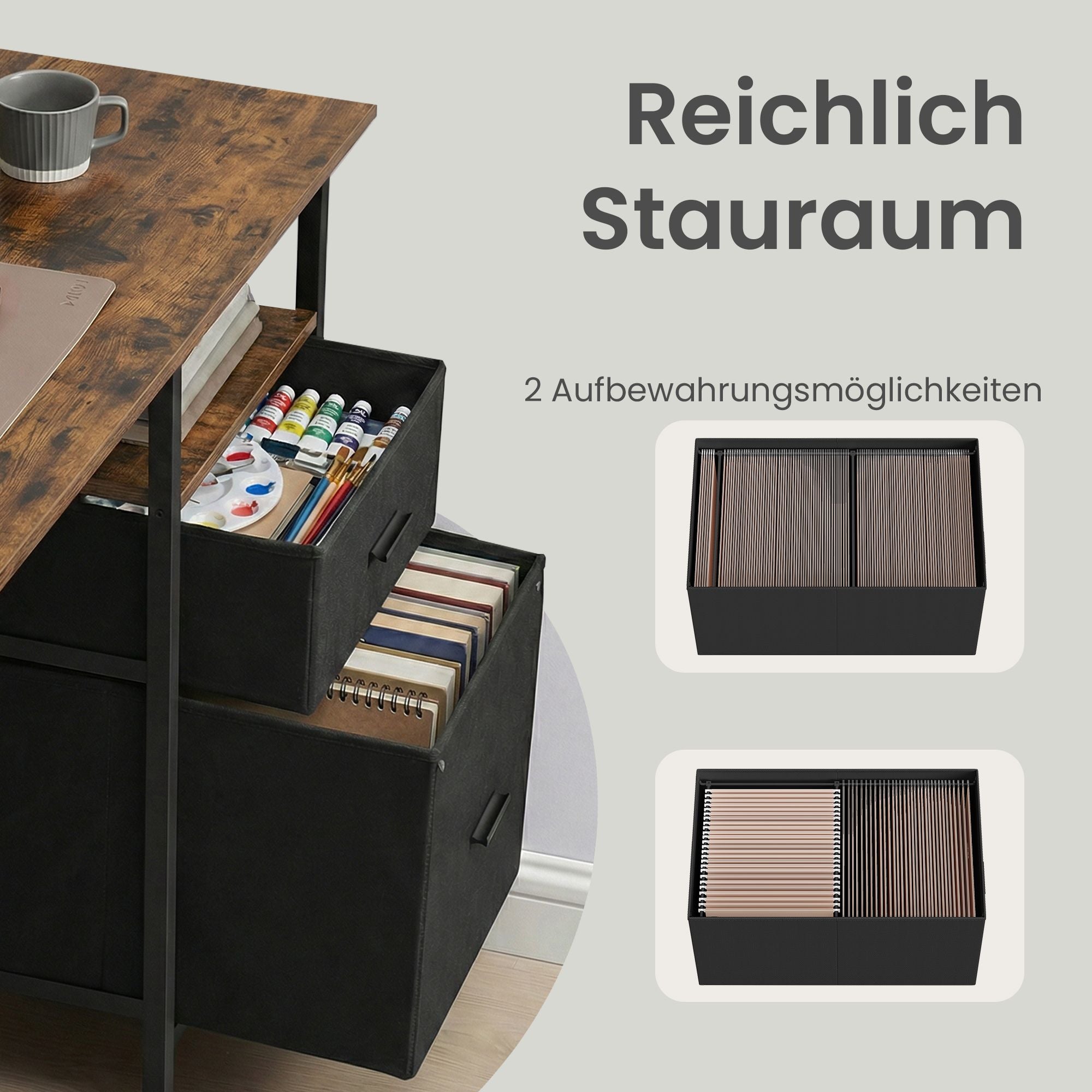Schreibtisch mit Stoffschubladen, Monitorständer