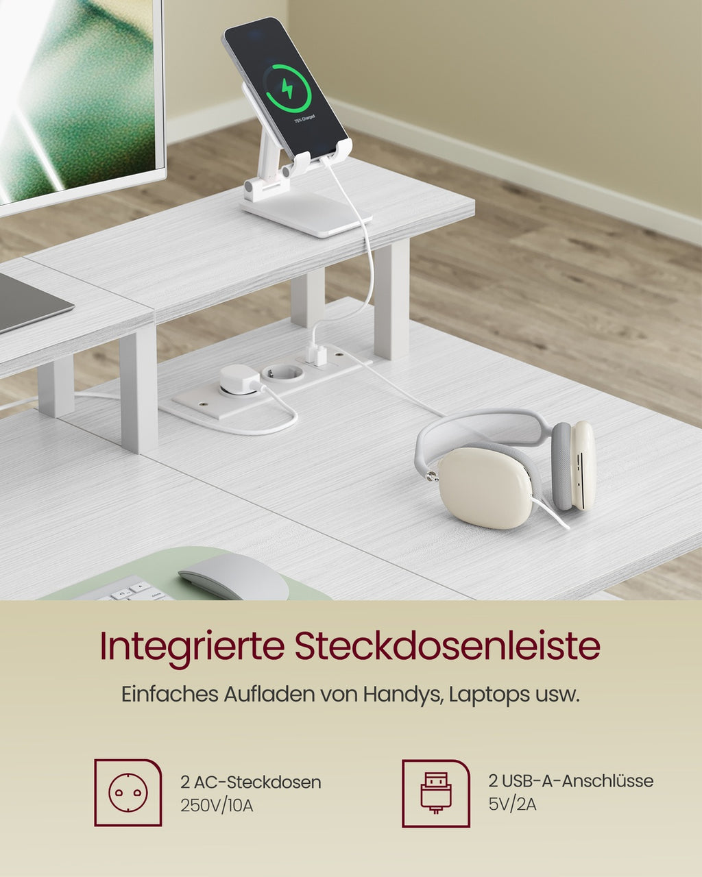 Schreibtisch mit Stoff-Schubladen und LED-Beleuchtung ahornweiß
